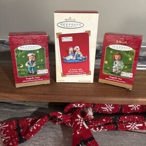 Hallmark Raggedy Ann and Andy lot of 3 Collectors Christmas Ornaments Red & Blue